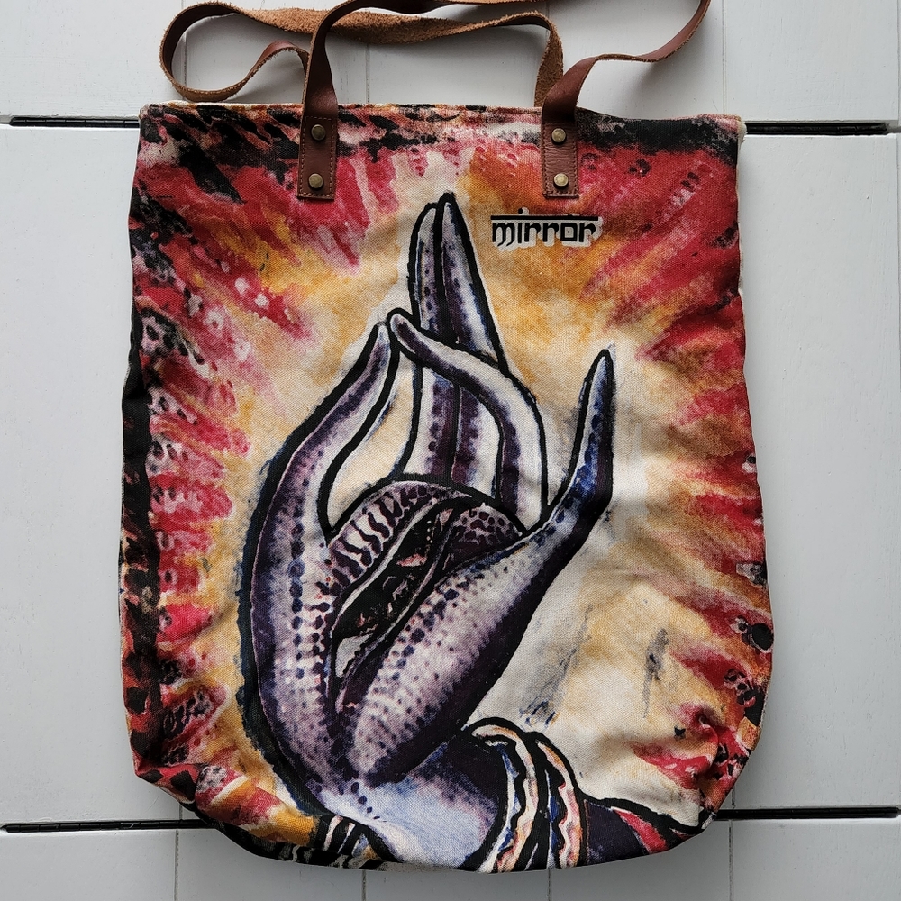 Hamsa Evil Eye Lined Canvas Zippered Tote Bag with Leather Straps by Mirror